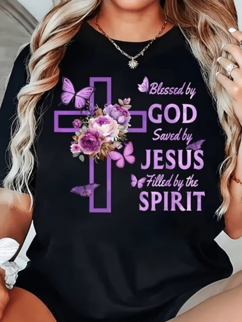 Womens Blessed by God Black Tee with Purple Cross & Butterflies